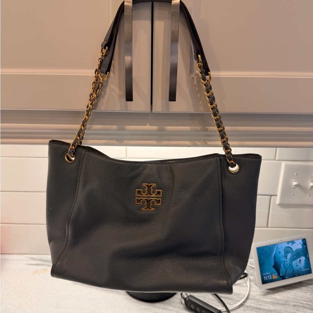 Tory Burch Dark Gray Shoulder Bag with Gold Accents